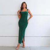 Figure Flattering Rhinestone Strap Dress Slit Formal Dress